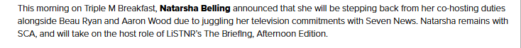 ACBucklow's tweet image. Natarsha Belling is leaving Triple M Sydney's breakfast show, after just a couple of months on air with Beau Ryan and Aaron Woods #triplem #Radio