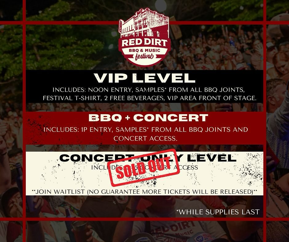 Tickets are moving fast! May 10th at The Park of East Texas.  
Don't miss <a href="/TreatyOakMusic/">Treaty Oak Revival</a>, <a href="/thebraxtonkeith/">Braxton Keith</a>, <a href="/TyWMyers/">Ty Myers</a>, <a href="/BolandStraggler/">Jason Boland & The Stragglers</a>, <a href="/corymorrowband/">Cory Morrow</a>, DJ <a href="/HeartacheTycoon/">Jonathan Terrell</a> + over 20 of the best BBQ from across Texas. tickets: reddirtbbqfest.com/buy-tickets/