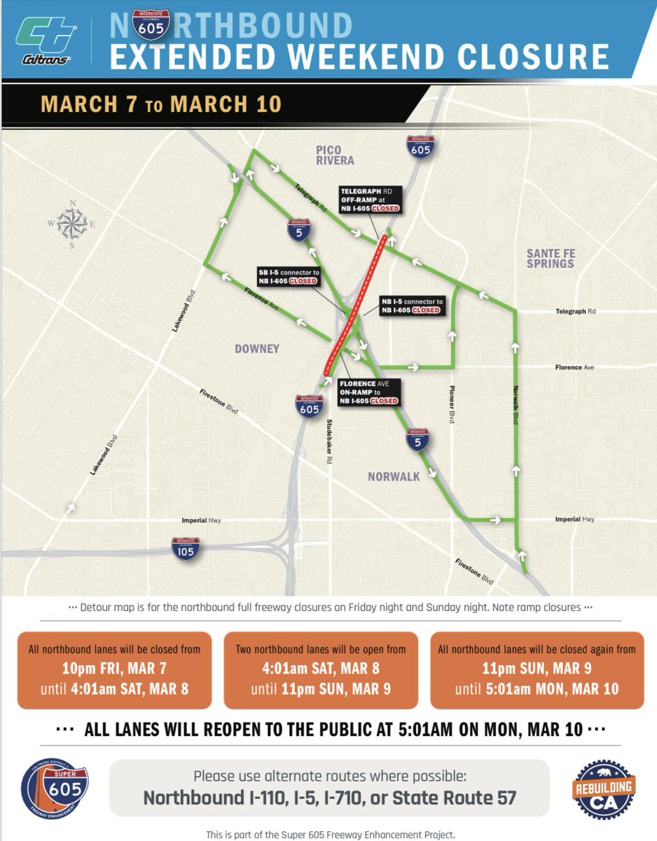 Northbound I-605 Extended Weekend Lane Closures Scheduled Friday, March 7 to Monday, March 10