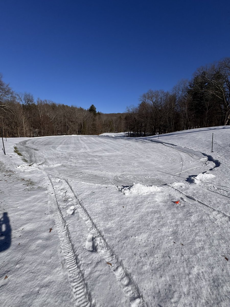With some warm weather ahead, and nighttime lows not overly frigid we are starting the process of snowblowing 2-6”snow off a few of the necessary greens. 1.5-2.5” pocketed ice layer underneath now exposed ready for some sunshine and melting.
