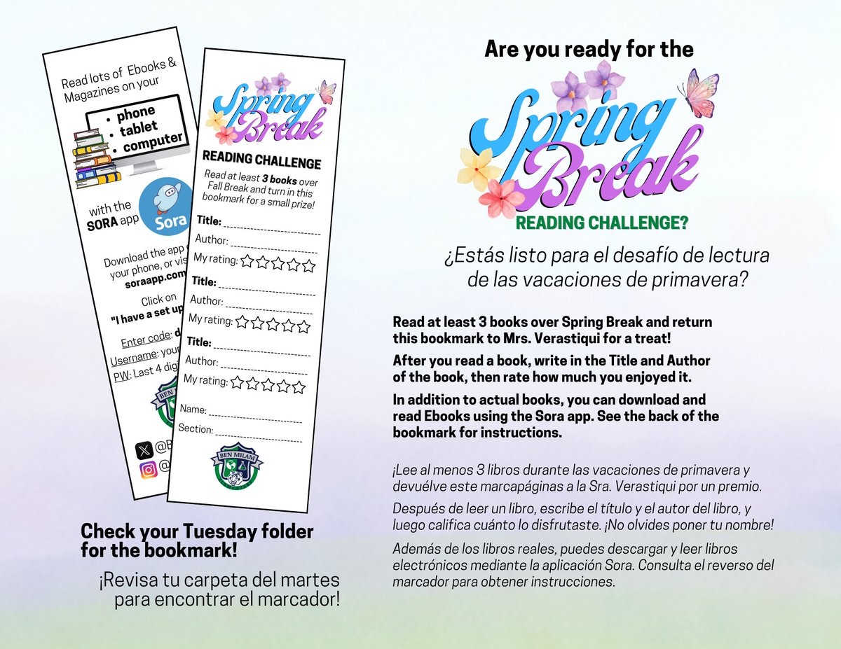 Ben Milam Elem Library (formerly @ LLH_Library) (@bmilam_library) on Twitter photo 🌸🌼📚 It's almost Spring Break, which means - another Reading Challenge! Turn in your bookmark on 3/17/25 for a small prize! Happy reading! 🌿<a href="/BenMilamES/">Ben Milam Elementary</a> <a href="/JuanCordobaDISD/">NorthDallasVT</a> @Region3_DISD <a href="/RyanZysk/">Ryan Zysk</a> <a href="/DISDLibrarian/">Patricia Alvarado</a> <a href="/Sorareadingapp/">Sora, by OverDrive Education</a> <a href="/DallasReads/">@DallasReads</a> #springbreak #readingchallenge 🌸🌼📚 It's almost Spring Break, which means - another Reading Challenge! Turn in your bookmark on 3/17/25 for a small prize! Happy reading! 🌿<a href="/BenMilamES/">Ben Milam Elementary</a> <a href="/JuanCordobaDISD/">NorthDallasVT</a> @Region3_DISD <a href="/RyanZysk/">Ryan Zysk</a> <a href="/DISDLibrarian/">Patricia Alvarado</a> <a href="/Sorareadingapp/">Sora, by OverDrive Education</a> <a href="/DallasReads/">@DallasReads</a> #springbreak #readingchallenge