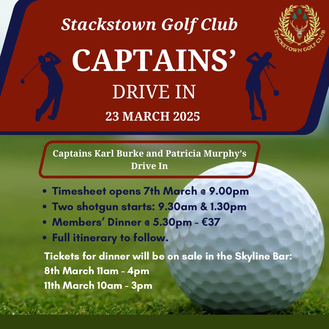 StackstownGC's tweet image. 𝑪𝒂𝒑𝒕𝒂𝒊𝒏𝒔’ 𝑫𝒓𝒊𝒗𝒆 𝑰𝒏

Join us on March 23rd as we celebrate Captain Karl Burke and Captain Patricia Murphy kicking off the golf season with their Drive In.

We look forward to seeing you on the day! ⛳️

#StackstownGC #CaptainsDriveIn