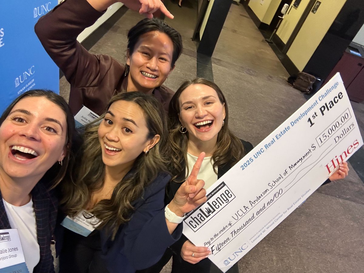UCLAZimanCenter's tweet image. Congrats to @uclaanderson MBA '26 candidates Natalie Jones, Jolie Nguyen, Veronica Valerio &amp;amp; Samantha Weintraub on their 1st place victory at the '25 @kenanflagler @UNCRealEstate Development Challenge, an invite-only competition w/ 16 top U.S. MBA programs! #GoBruins #whyanderson