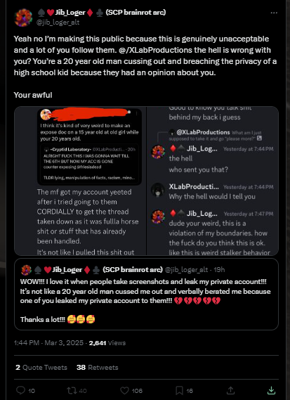XLabProductions's tweet photo. I didn't breach your privacy, someone else did. How about instead of taking it out on me take it out on THEM now that you know who they are. 

YOU quote tweeted my own personal shit that you could have just kept vague, but instead you opted to make it direct. https://t.co/PcyCIdWeAx
