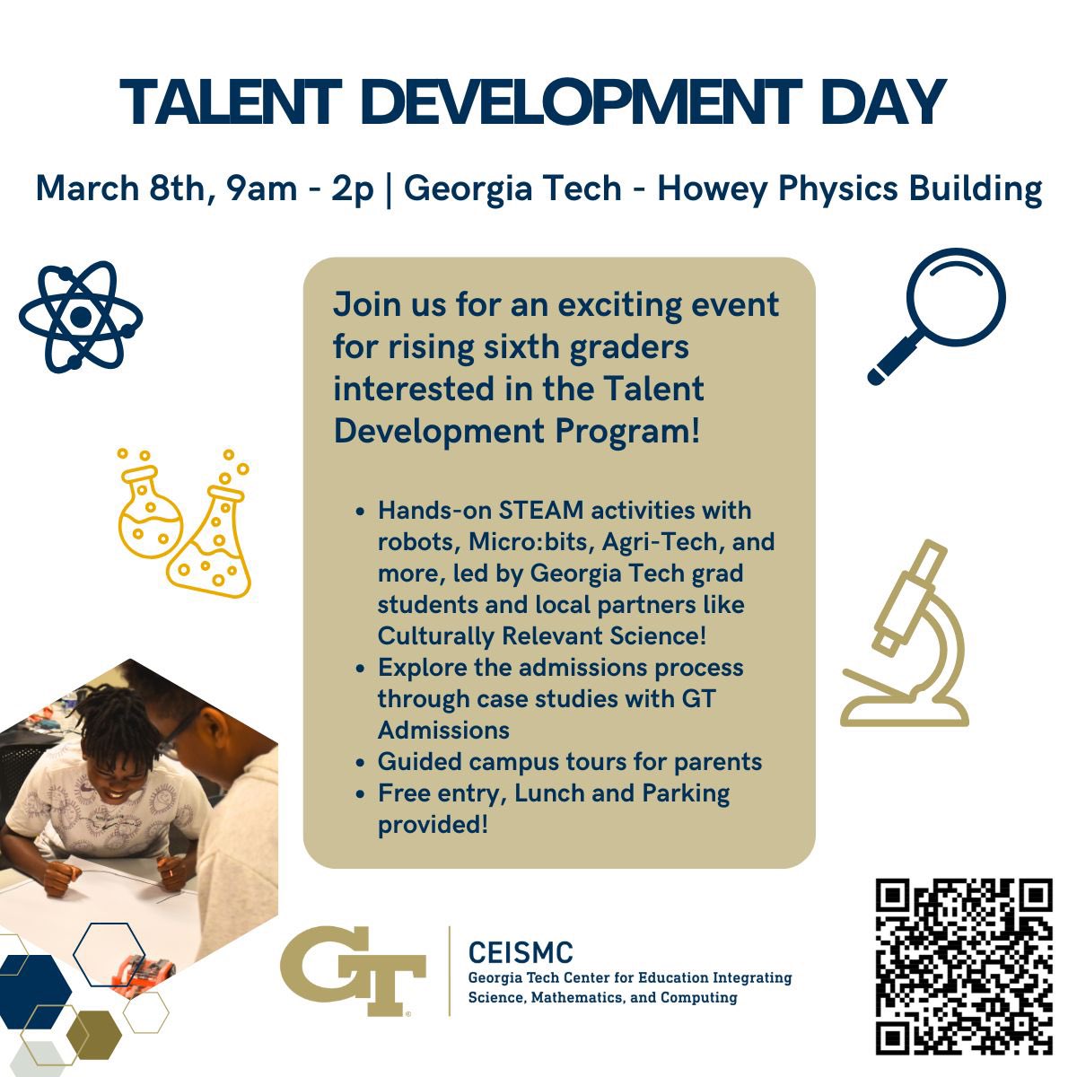 cr_sci's tweet photo. This Saturday, CRsci is headed to @GeorgiaTech’s inaugural Talent Development Day to spark curiosity and innovation in STEAM!🎨🔬

#STEAM #STEM #CommunityEngagement #Nonprofit #Partnership #TalentDevelopment #FutureScientists https://t.co/uwd6AuXfOC