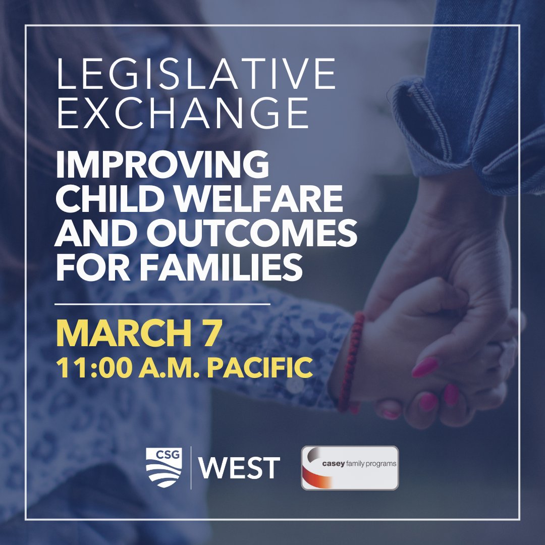 CSG West (@csgwest) on Twitter photo Join us this week for an important conversation on child welfare policy! CSG West is excited to partner with <a href="/CaseyPrograms/">CaseyFamilyPrograms</a> for a CSG West Legislative Exchange: Improving Child Welfare and Outcomes for Children and Families on March 7, from 11:00 AM – 12:00 PM Pacific.
This Join us this week for an important conversation on child welfare policy! CSG West is excited to partner with <a href="/CaseyPrograms/">CaseyFamilyPrograms</a> for a CSG West Legislative Exchange: Improving Child Welfare and Outcomes for Children and Families on March 7, from 11:00 AM – 12:00 PM Pacific.
This