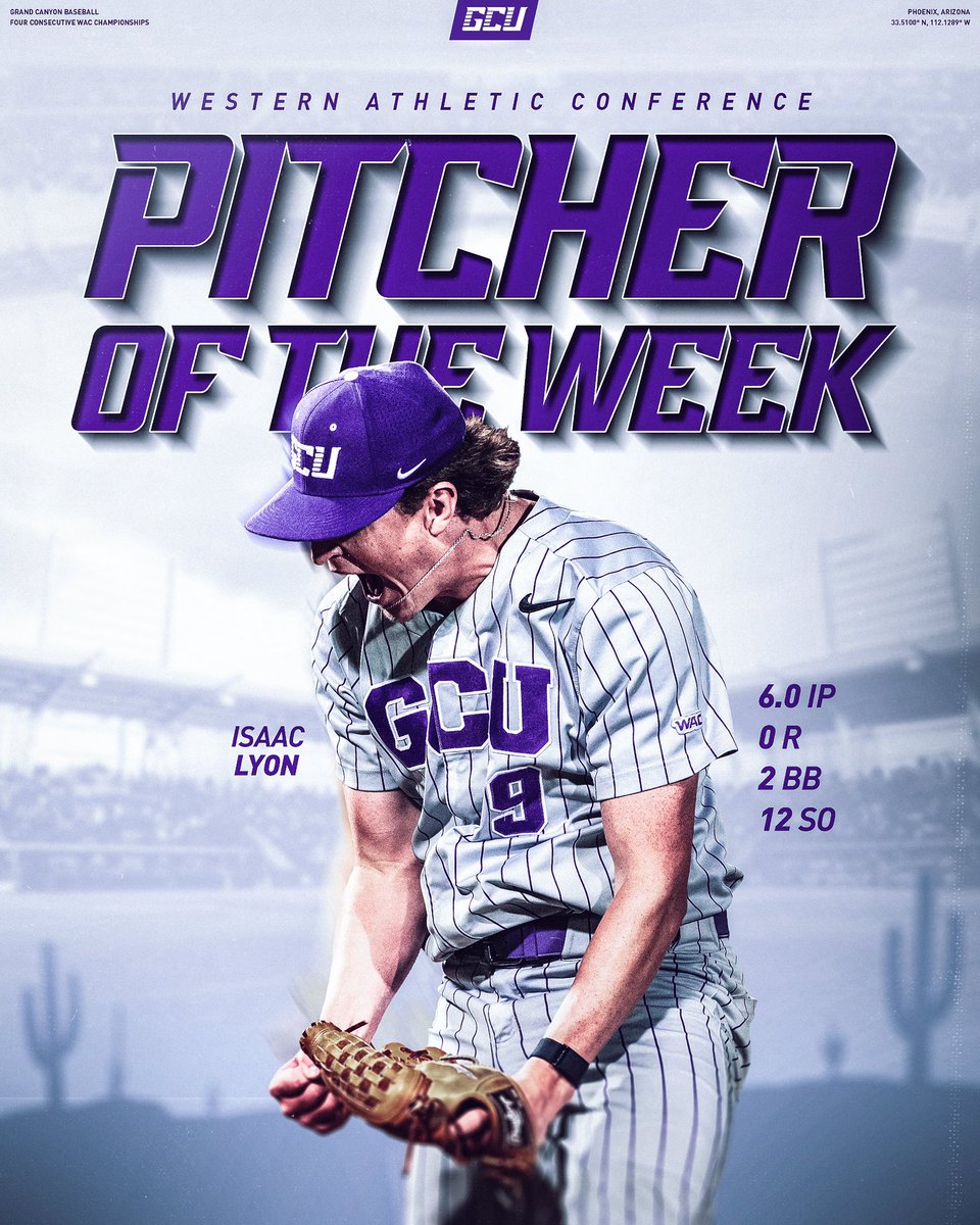 Grand Canyon Baseball (@gcu_baseball) on Twitter photo 12 punchies, six scoreless frames and a W earn <a href="/IsaacLyon27/">Isaac Lyon</a> WAC Pitcher of the Week honors. ๐
๐ฐ: gculopes.com/news/2025/3/3/โฆ 12 punchies, six scoreless frames and a W earn <a href="/IsaacLyon27/">Isaac Lyon</a> WAC Pitcher of the Week honors. ๐
๐ฐ: gculopes.com/news/2025/3/3/โฆ