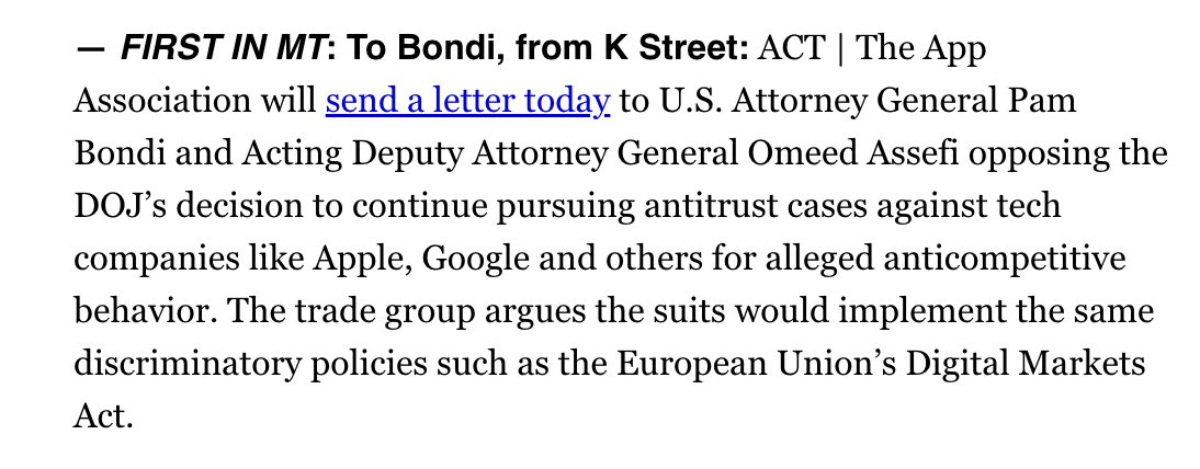 The App Association (@actonline) on Twitter photo ICYMI in yesterday's @Politico Morning Tech 👀
We wrote <a href="/AGPamBondi/">Attorney General Pamela Bondi</a> on @DOJ’s decision to continue Biden-era policies on pursuing American tech antitrust cases.
Check out our full letter to the DOJ: actonline.org/wp-content/upl… ICYMI in yesterday's @Politico Morning Tech 👀
We wrote <a href="/AGPamBondi/">Attorney General Pamela Bondi</a> on @DOJ’s decision to continue Biden-era policies on pursuing American tech antitrust cases.
Check out our full letter to the DOJ: actonline.org/wp-content/upl…