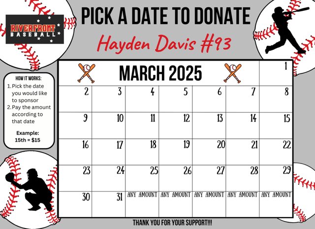 Hayden’s baseball team is looking for donations. Please let me know if u can help and if u have any questions.