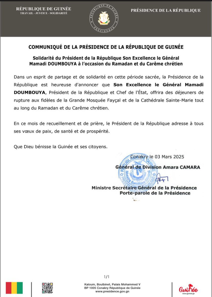 🔴 𝐂𝐎𝐌𝐌𝐔𝐍𝐈𝐐𝐔𝐄́ 𝐃𝐄 𝐋𝐀 𝐏𝐑𝐄́𝐒𝐈𝐃𝐄𝐍𝐂𝐄 𝐃𝐄 𝐋𝐀 𝐑𝐄́𝐏𝐔𝐁𝐋𝐈𝐐𝐔𝐄 𝐃𝐄 𝐆𝐔𝐈𝐍𝐄́𝐄 

▫️ 𝗥𝗲𝗹𝗮𝘁𝗶𝗳 𝗮̀ 𝗹𝗮 𝘀𝗼𝗹𝗶𝗱𝗮𝗿𝗶𝘁𝗲́ 𝗱𝘂 𝗣𝗿𝗲́𝘀𝗶𝗱𝗲𝗻𝘁 𝗱𝗲 𝗹𝗮 𝗥𝗲́𝗽𝘂𝗯𝗹𝗶𝗾𝘂𝗲 𝗦𝗼𝗻 𝗘𝘅𝗰𝗲𝗹𝗹𝗲𝗻𝗰𝗲 𝗹𝗲 𝗚𝗲́𝗻𝗲́𝗿𝗮𝗹 𝗠𝗮𝗺𝗮𝗱𝗶