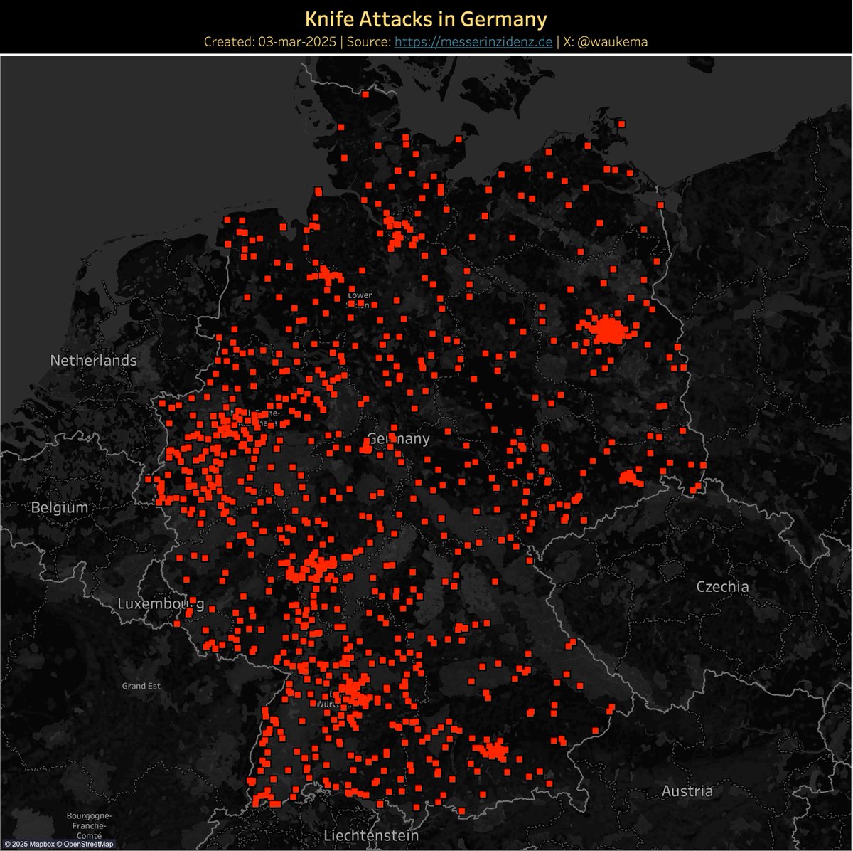 Wouter Aukema (@waukema) on Twitter photo Compstat, developed by the NYPD in the 90's, revolutionized how law enforcement agencies track and respond to crime.
<a href="/zieglercloud/">Andy Ziegler</a> tracks knife-attacks in Germany. Andy shares his data on messerinzidenz.de
Showing 2444 attacks since august 2024: Compstat, developed by the NYPD in the 90's, revolutionized how law enforcement agencies track and respond to crime.
<a href="/zieglercloud/">Andy Ziegler</a> tracks knife-attacks in Germany. Andy shares his data on messerinzidenz.de
Showing 2444 attacks since august 2024: