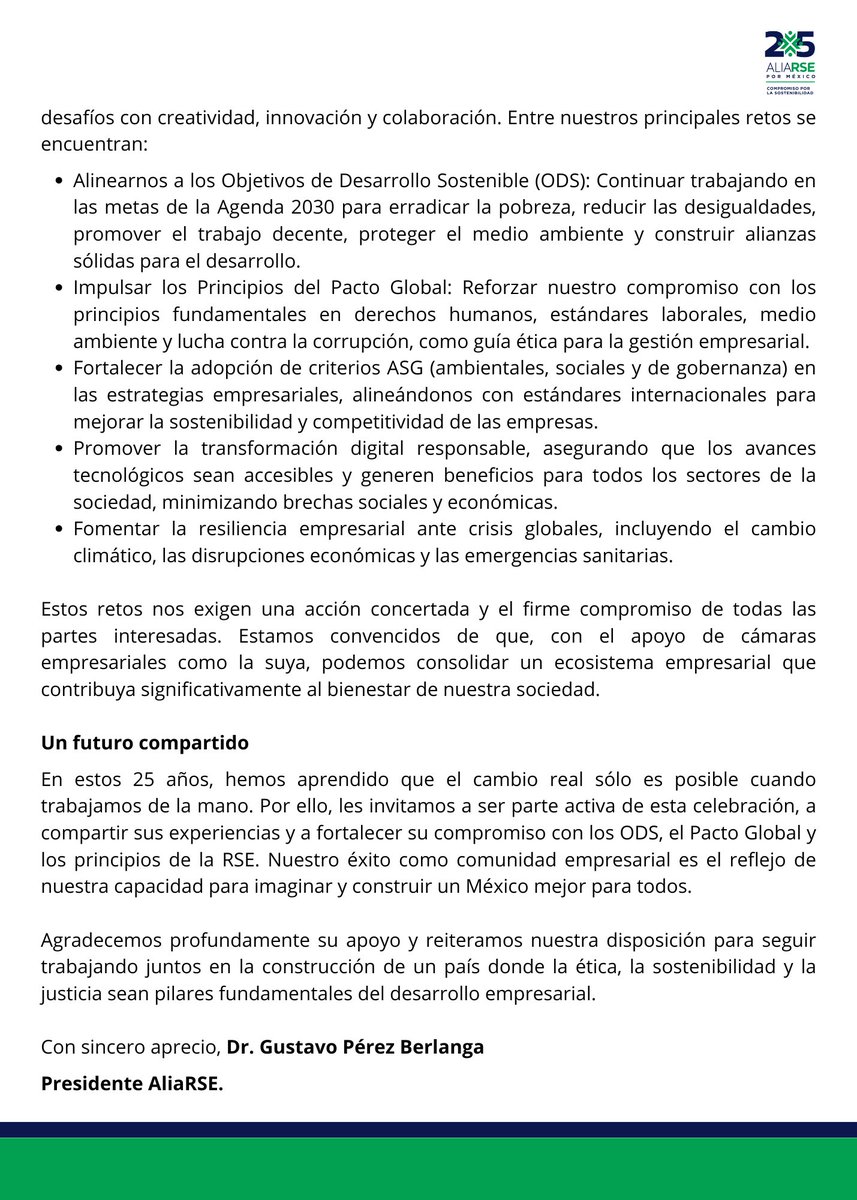 Celebramos un año trascendental: #25años de #AliaRSE. En esta fecha especial, nuestro presidente Gustavo Peréz Berlanga dirige unas palabras a toda la comunidad, reflexionando sobre el camino recorrido y los desafíos por venir.