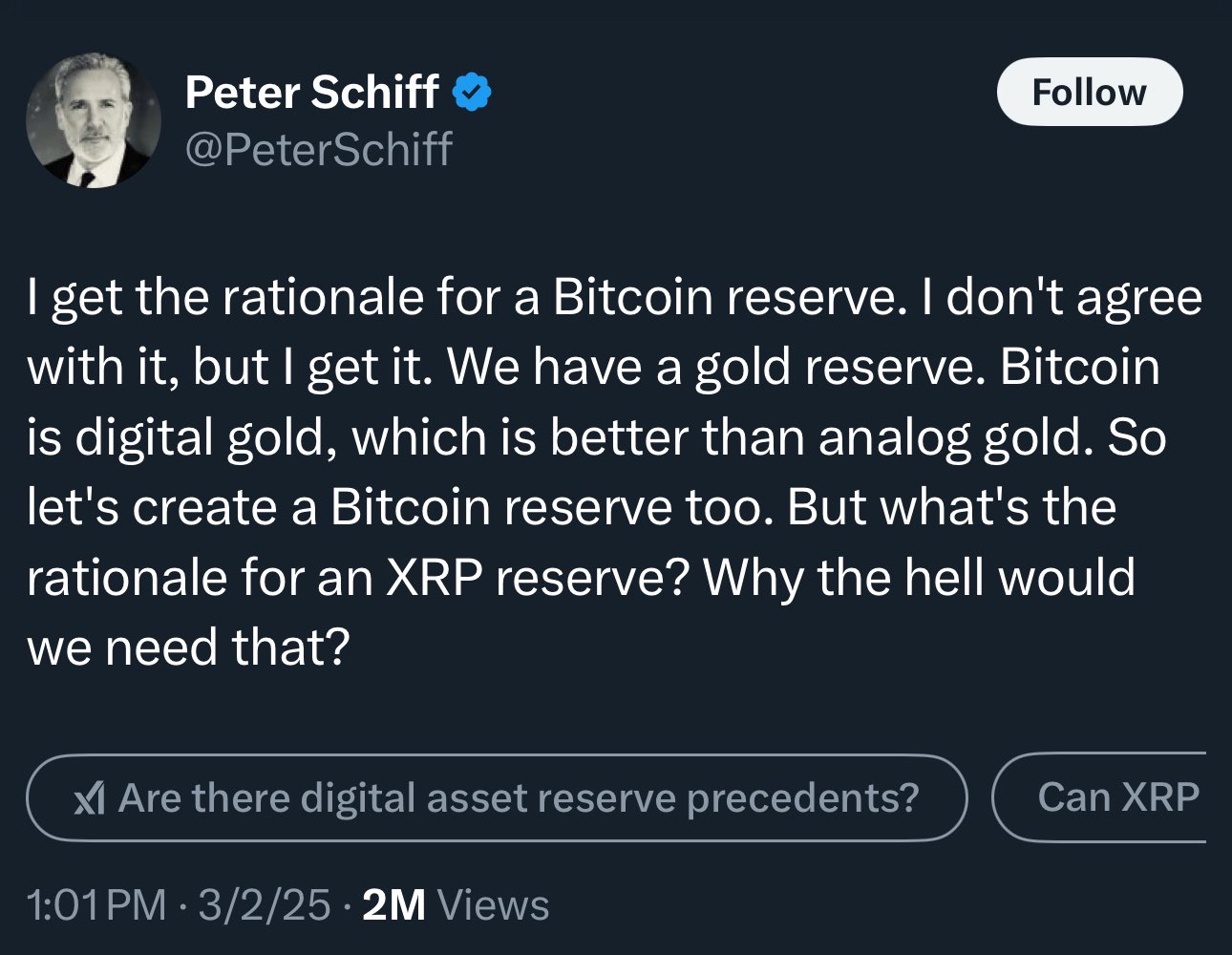 Screenshot of crypto critic Peter Schiff's post criticizing President Trump's decision to add altcoins like XRP to the US crypto reserve
