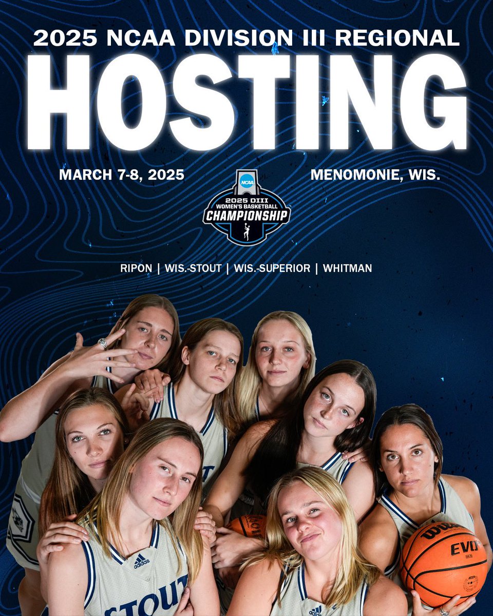 The UW-Stout women's basketball will host the first and second rounds of the 2025 DIII Women's Basketball Championship on Friday and Saturday, March 7 &amp; 8 in the Johnson Fieldhouse.

Stout will host Ripon College  Friday March 7, at 7:15 p.m.
Whitmanwill play UW-Superior at 4:45