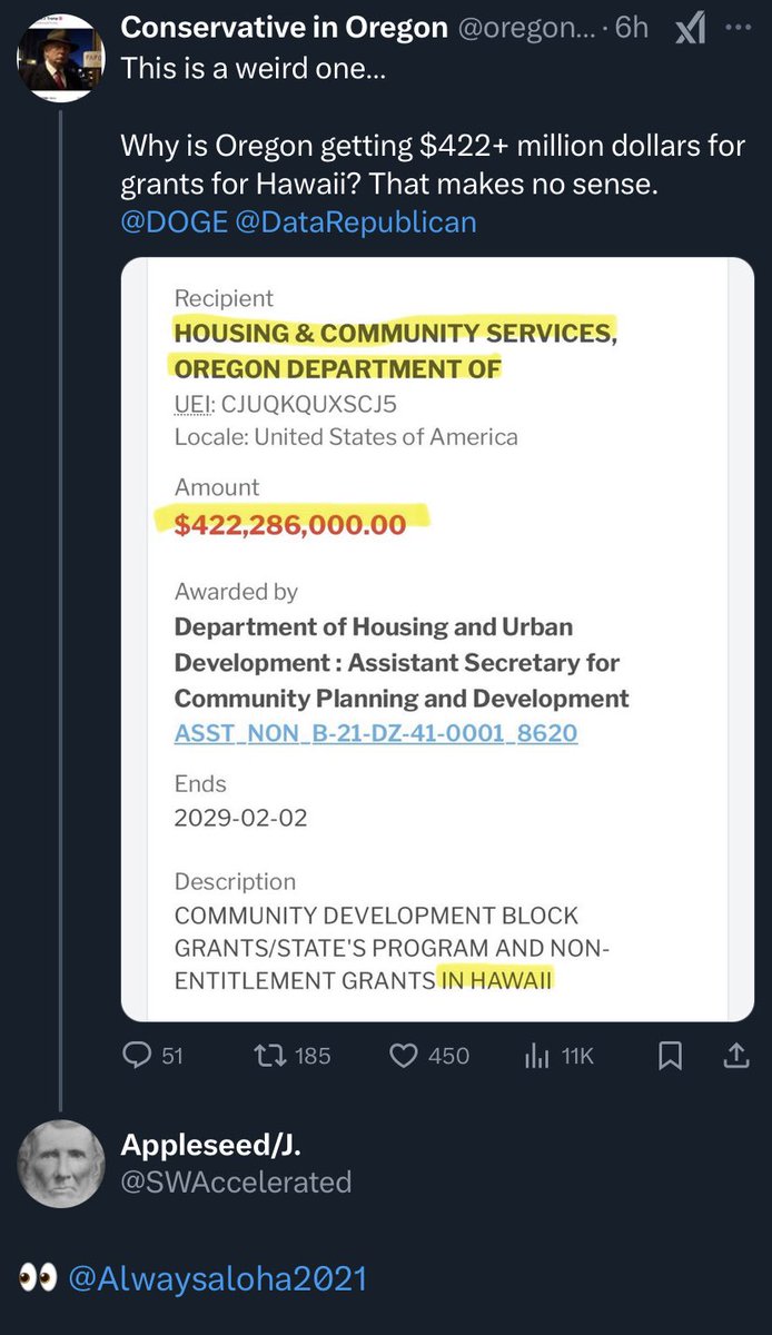 Alwaysaloha2021's tweet photo. 🚨⛔️⚠️HAWAII— CHECK THIS OUT!

This is a weird one...
Why is Oregon getting $422+ million dollars for grants for Hawaii? That makes no sense.

Check out the end date! 👇

🔴Ends - 2029-02-02

🔴Description
COMMUNITY DEVELOPMENT BLOCK
GRANTS/STATE'S PROGRAM AND NON-ENTITLEMENT GRANTS IN HAWAII

Amount
🔴$422,286,000.00

✅Credit: @SWAccelerated - Please follow!

@DOGE @DataRepublican

@GovJoshGreenMD @maziehirono @SenBrianSchatz @RepJillTokuda @RepEdCase 

🚨We will be EXPOSING ALL FRAUD here in HAWAII!! COUNT ON IT!