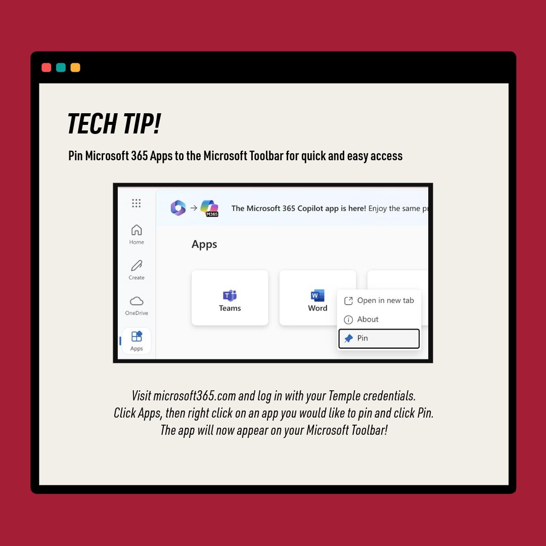 Today's Tech Tip of the day: Pin your favorite Microsoft 365 apps to your Microsoft Toolbar for quick and easy access! #Microsoft365 #TechTip #TempleU #TempleTech