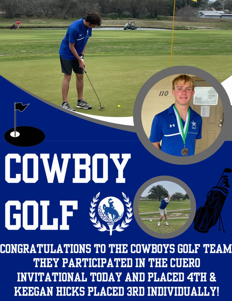 🏌️‍♂️ Cowboy Golf Shines at Cuero Invitational! 🏌️‍♂️

Our Cowboys hit the course today at The Cuero Invitational and finished strong, placing 4th as a team! 🏆 Special shoutout to Keegan Hicks, who earned 3rd place in the individual standings! 🥉👏

Great work, Cowboys!