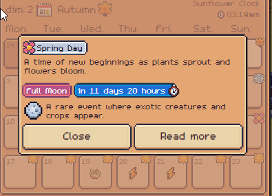 Top left, under your profile: the calendar 🗓️

• Check the current season – crops have specific seasons to grow 🌱

• See upcoming events like bonus yields or TSUNAMIs 😱

Pro tip: Visit the weather shop in the plaza to protect your farm! 🌾😉