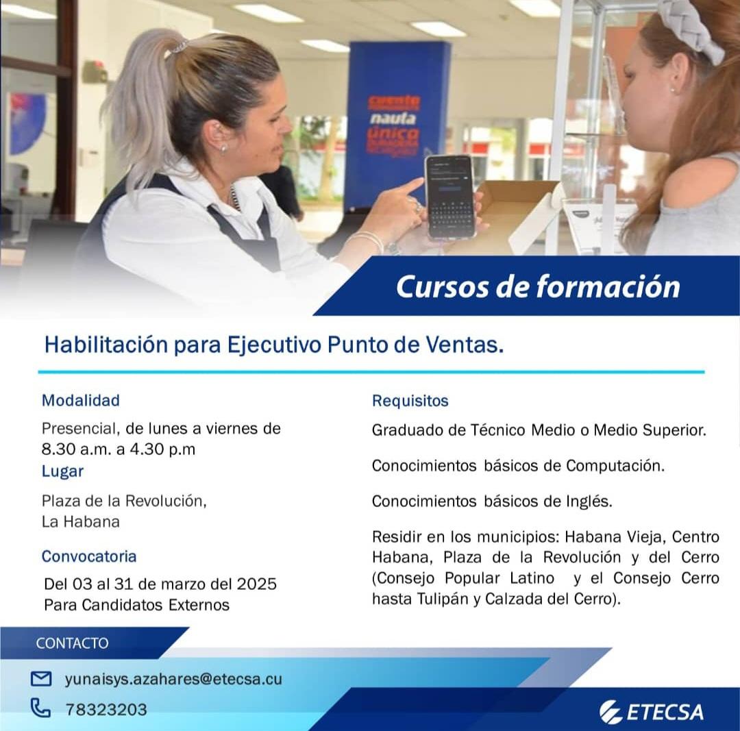 anyglez1976's tweet image. Curso de habilitación para Ejecutivos de Punto de Venta.
Esta es tu oportunidad de poder pertenecer a la gran familia de @ETECSA_Cuba y @DtNorte 
#EtecsaConCuba