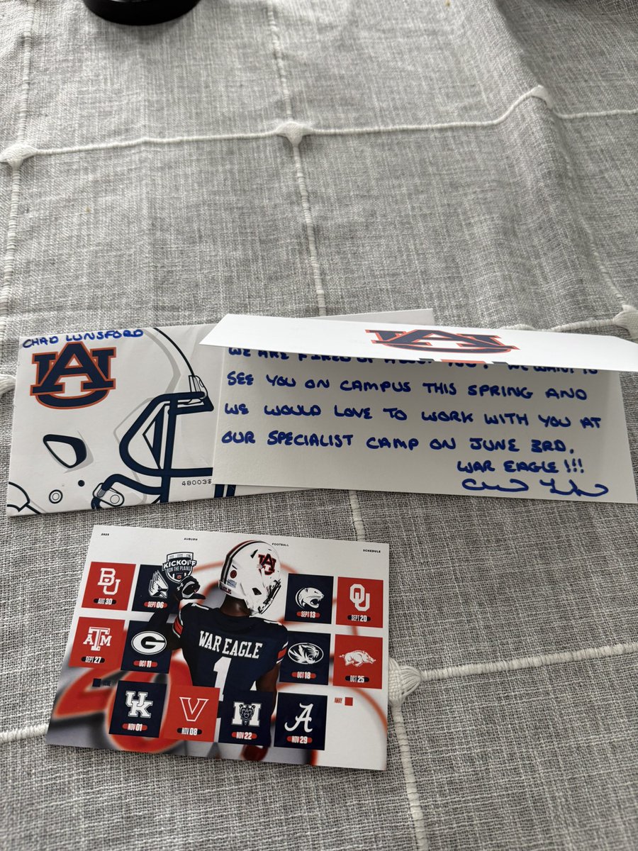 Thank you <a href="/chadlunsford/">Coach Chad Lunsford</a> for the spring practice and summer camp handwritten invite!! I can’t wait to get onto campus! 
<a href="/Hyner57/">Shane Hynes</a> <a href="/Legacy_Kicking/">Legacy Kicking</a> <a href="/Coach__Zimm/">Zach Zimmerman</a> <a href="/AuburnMade/">Auburn FB Recruiting</a>  <a href="/Shaynegraham17/">Shayne Graham</a> <a href="/KornblueKicking/">Brandon Kornblue</a>