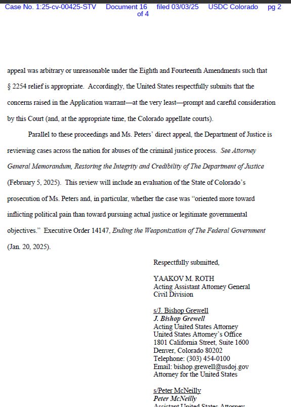 Tina Peters🇺🇸 Whistleblower of fallen Navy SEAL (@realtinapeters) on Twitter photo The DOJ Just filed a Statement of Interest in <a href="/realtinapeters/">Tina Peters🇺🇸 Whistleblower of fallen Navy SEAL</a> case!
Thank you <a href="/PamBondi/">Pam Bondi</a> <a href="/FBIDirectorKash/">FBI Director Kash Patel</a> <a href="/realDonaldTrump/">Donald J. Trump</a>.
"Reasonable concerns have been raised about various aspects of Ms. Peters’ case. ... the exceptionally lengthy sentence imposed relative to the conduct at The DOJ Just filed a Statement of Interest in <a href="/realtinapeters/">Tina Peters🇺🇸 Whistleblower of fallen Navy SEAL</a> case!
Thank you <a href="/PamBondi/">Pam Bondi</a> <a href="/FBIDirectorKash/">FBI Director Kash Patel</a> <a href="/realDonaldTrump/">Donald J. Trump</a>.
"Reasonable concerns have been raised about various aspects of Ms. Peters’ case. ... the exceptionally lengthy sentence imposed relative to the conduct at