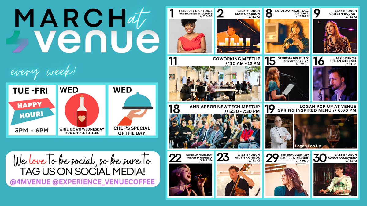 New month, new calendar at Venue! We've got our weekends packed with some great jazz, another A2 New Tech meet up on 3/18, a Coworking meet up at Venue Coworking on 3/11, and a delicious Logan Pop Up Wine Dinner on 3:19. There is something for everyone at Venue!