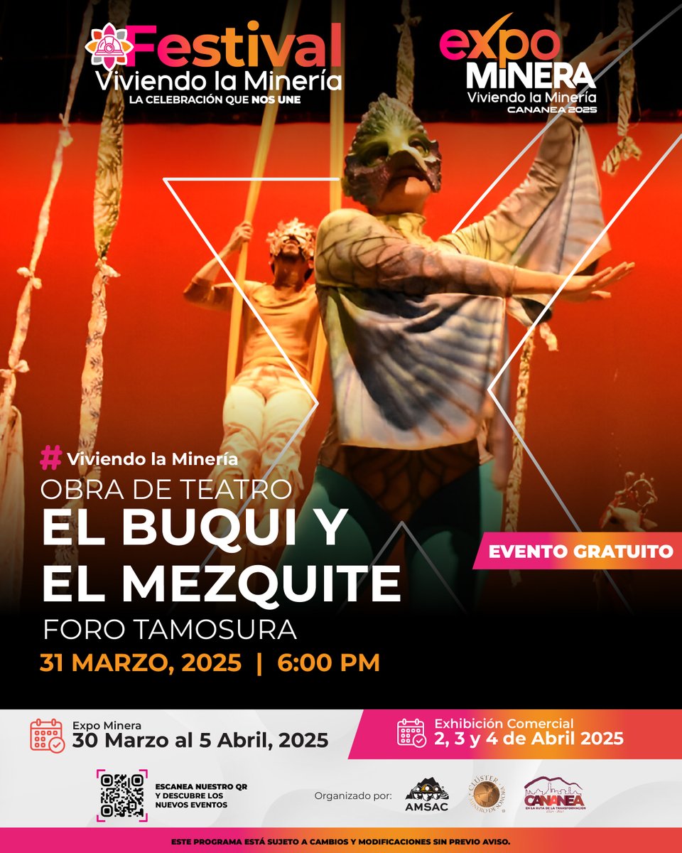 🎨 La minería es historia, tradición y cultura.
📚 Disfruta de exposiciones, teatro y expresiones artísticas inspiradas en la minería y su impacto en nuestra comunidad.
💛 Vive la minería desde otra perspectiva.

¡Sé parte de esta celebración! 
📆30 de Marzo al 5 de Abril, 2025