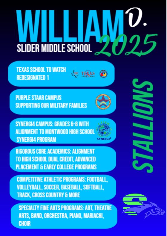 William D. Slider Middle School (@slider_middle) on Twitter photo Are you ready to become a Slider Stallion! Come by and check us out, Texas School to Watch Redesignated 1, Purple Star Campus, Synergi4 Alignment to
<a href="/MontwoodHS/">David Herrera</a> Rigorous Core Academics 6-8, Competitive Athletic Programs & Specialty Fine Arts available to all Stallion scholars! Are you ready to become a Slider Stallion! Come by and check us out, Texas School to Watch Redesignated 1, Purple Star Campus, Synergi4 Alignment to
<a href="/MontwoodHS/">David Herrera</a> Rigorous Core Academics 6-8, Competitive Athletic Programs & Specialty Fine Arts available to all Stallion scholars!