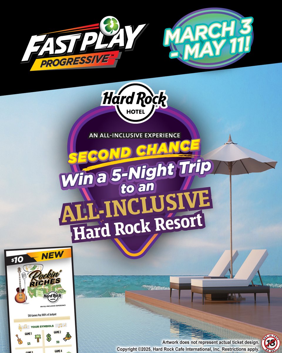 NJLottery's tweet image. March is here which means new #FastPlayProgressive tickets just dropped! ⏩Get all NEW $10 Rockin’ Riches - where you have a second chance to win a 5-night trip to an all-inclusive Hard Rock Resort! 🐚🌊🌞WOW! For more details about this promotion, visit NJLottery.com/FastPlay.