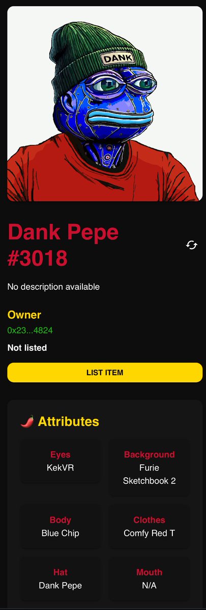 Pog_Brain's tweet photo. @DankPepeNFT  #dankpepes @bas3das @alexxshadow @nachonft_xyz 

If there’s a discrepancy how should that be interrupted 

Eyes has kekVR listed
Image dosnt represent it

Curious how this effects the stats

Thank in advance!

$based #pepecoin https://t.co/So0CIJx9qQ
