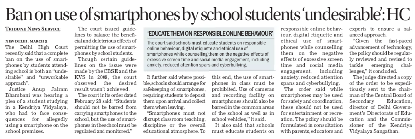 KaliKamlesh's tweet image. 📱 The Delhi High Court has labeled the complete ban on smartphones in schools as "undesirable." Justice Anup Jairam Bhambhani emphasized the need for education on responsible use instead of outright prohibition. #SmartphoneUse #EducationReform