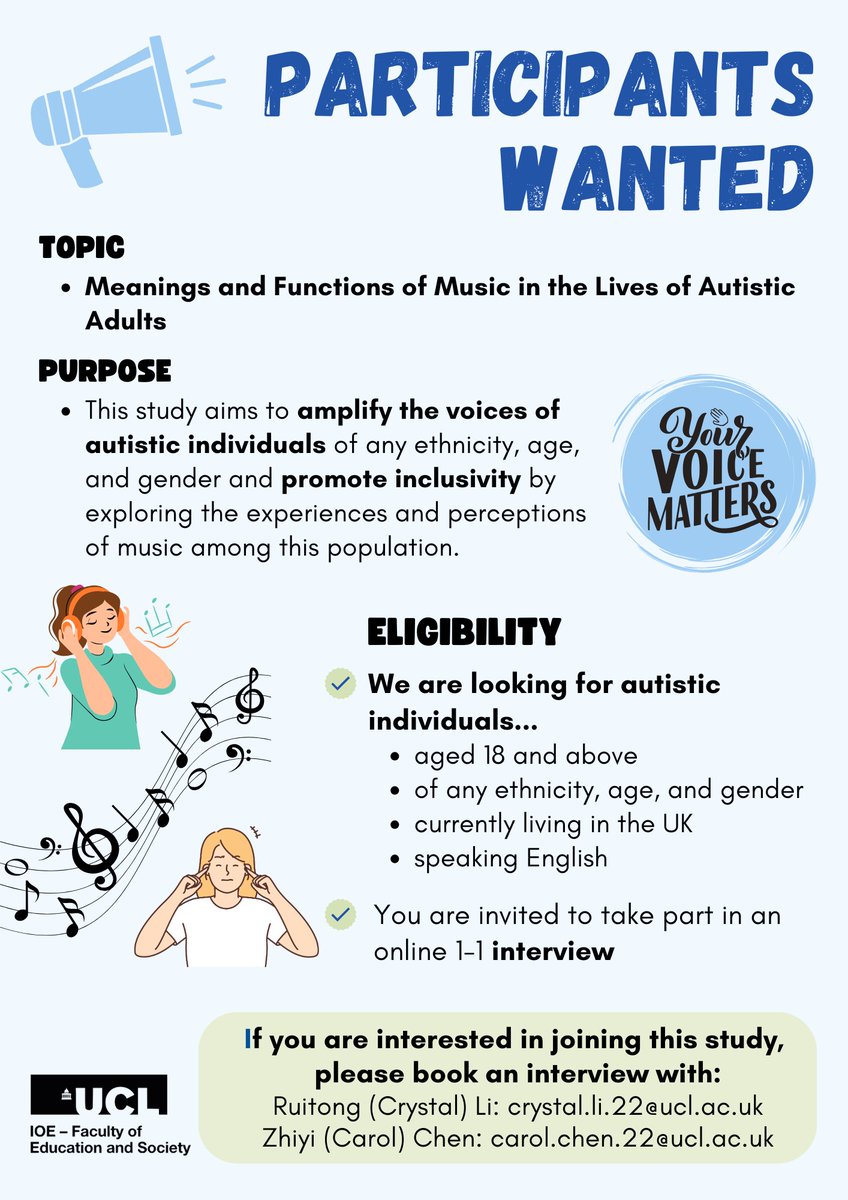 GRRAND (@grrand_team) on Twitter photo We co-supervise this project in collaboration with Dr Nina Politinou from <a href="/UCL_IOE_PHD/">UCL IOE Psychology and Human Development</a>
- we want to hear from autistic adults in the UK to talk about the meanings and functions of music in your life and when/if you struggle with music too.
PLEASE SHARE AND CONSIDER TAKING PART We co-supervise this project in collaboration with Dr Nina Politinou from <a href="/UCL_IOE_PHD/">UCL IOE Psychology and Human Development</a>
- we want to hear from autistic adults in the UK to talk about the meanings and functions of music in your life and when/if you struggle with music too.
PLEASE SHARE AND CONSIDER TAKING PART