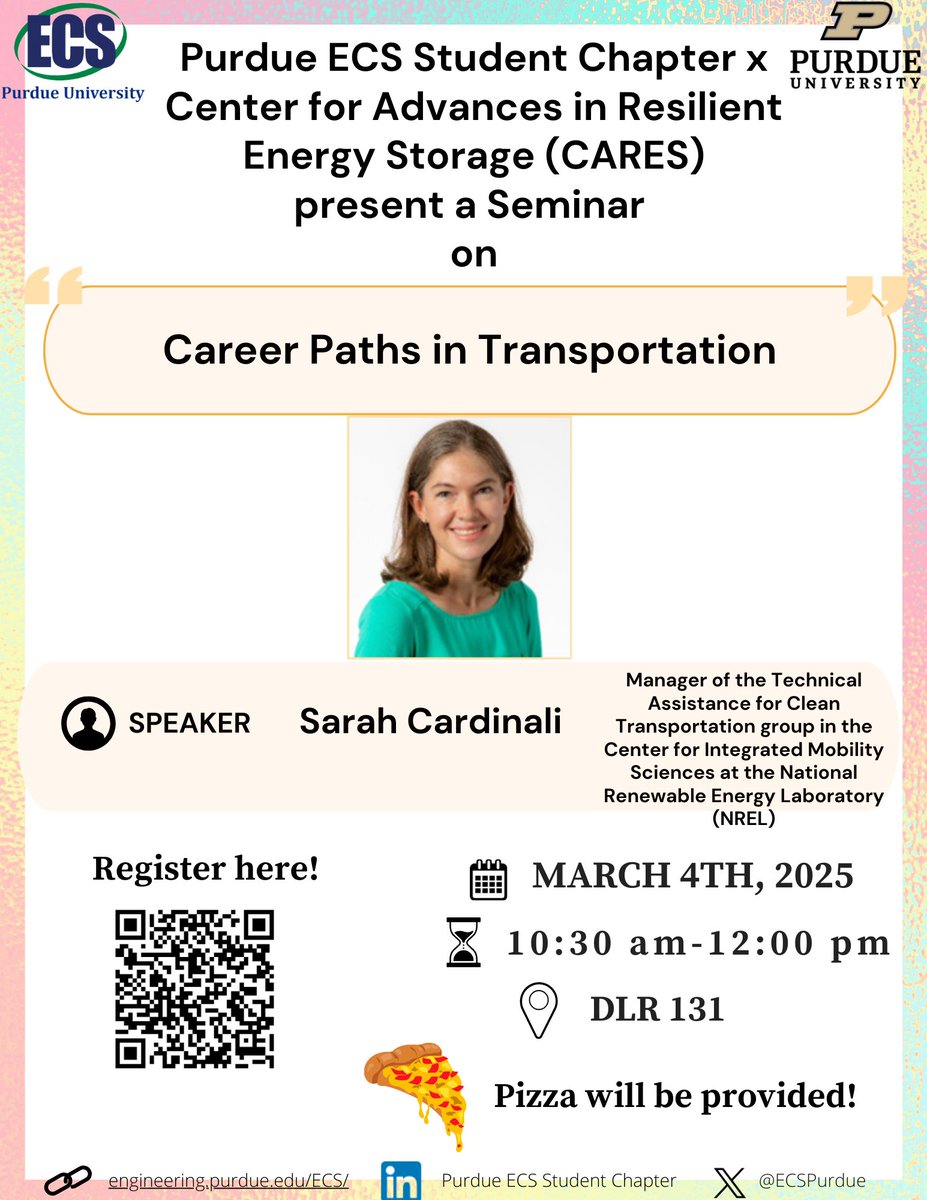 Purdue ECS Student Chapter (@ecspurdue) on Twitter photo Join us to welcome Sarah Cardinali from NREL at the "Career Paths in Transportation" seminar, hosted by Purdue ECS Student Chapter x CARES. Explore insightful career possibilities and dive into resource management in transportation! <a href="/ParthaPMukherj1/">Partha P. Mukherjee</a> <a href="/ECSorg/">ECS</a> <a href="/PurdueME/">Purdue Mechanical Engineering</a> <a href="/etslpurdue/">Energy and Transport Sciences Lab</a> Join us to welcome Sarah Cardinali from NREL at the "Career Paths in Transportation" seminar, hosted by Purdue ECS Student Chapter x CARES. Explore insightful career possibilities and dive into resource management in transportation! <a href="/ParthaPMukherj1/">Partha P. Mukherjee</a> <a href="/ECSorg/">ECS</a> <a href="/PurdueME/">Purdue Mechanical Engineering</a> <a href="/etslpurdue/">Energy and Transport Sciences Lab</a>