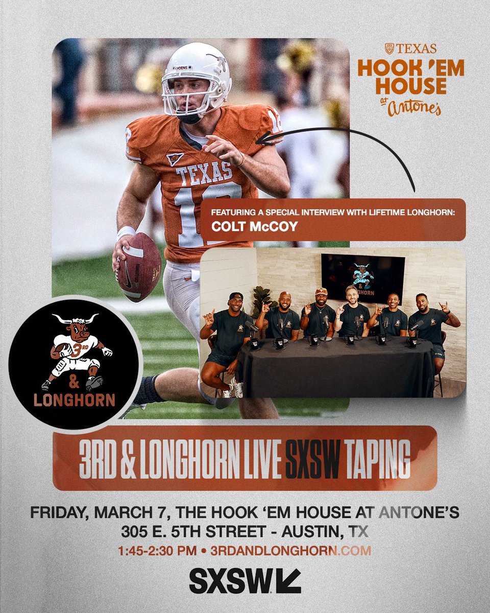 🚨 BIG ANNOUNCEMENT! 🚨

We’re hosting a LIVE interview show with Longhorn Legend <a href="/ColtMcCoy/">Colt McCoy</a> this Friday, 3/7 at 1:45 PM at <a href="/UTAustin/">UT Austin</a> Hook ‘Em House @ <a href="/Antones/">Antone's</a> during SXSW! 🏈🤘

This is one you won’t want to miss—first come, first served on entry! SXSW badges get priority