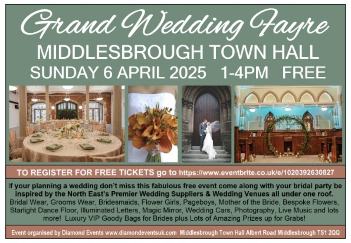 Wedding Supplier &amp; Venues interested in exhibiting <a href="/mbro_townhall/">Middlesbrough Town Hall</a> Weddimg Fayre email us at info@diamondeventsuk.com <a href="/wearembro/">We are Middlesbrough</a> <a href="/FBFW_weddings/">For Better For Worse</a> <a href="/WeddingWire/">WeddingWire</a> <a href="/bellebridalmag/">Belle Bridal Magazine</a> <a href="/TeesTweets/">Teesside Tweets</a> <a href="/NEBridesToBe/">NE Brides To Be</a> <a href="/whatsonne/">What's On NE</a>