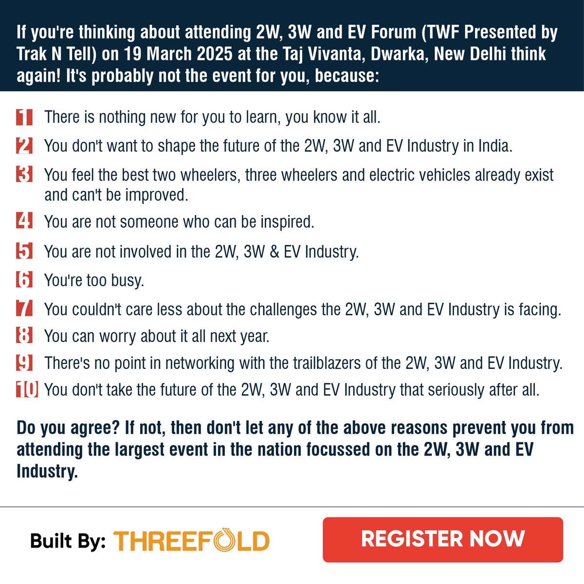 forum_two's tweet image. 10 Reasons NOT to Attend TWF 2025!
Don’t miss out. Block your seat now at 20% Discount please click on: bit.ly/495TVtU
Raghav Shankar on +919599881027 or email him on raghav@threefold.in
#twowheeler #threewheeler #ev #electricvehicles #futureiselectric #smartmobility