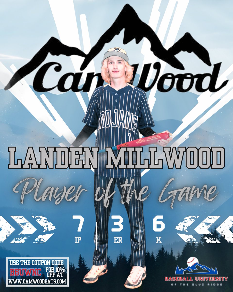 Baseball University of the Blue Ridge (@bbuniversitywnc) on Twitter photo Congratulations to Tonight's <a href="/CamWoodBats/">CamWood Bats</a> Player of the Game, <a href="/Landenm2121/">Landen Millwood</a> of <a href="/CTbaseball2023/">CHASE High Baseball</a>
Landen grinded through a 7 Inning Complete Game to earn the W over McDowell. Landen battled through at tough 4A lineup giving up only 3 ER while collecting 6 Ks. He also had an RBI Congratulations to Tonight's <a href="/CamWoodBats/">CamWood Bats</a> Player of the Game, <a href="/Landenm2121/">Landen Millwood</a> of <a href="/CTbaseball2023/">CHASE High Baseball</a>
Landen grinded through a 7 Inning Complete Game to earn the W over McDowell. Landen battled through at tough 4A lineup giving up only 3 ER while collecting 6 Ks. He also had an RBI