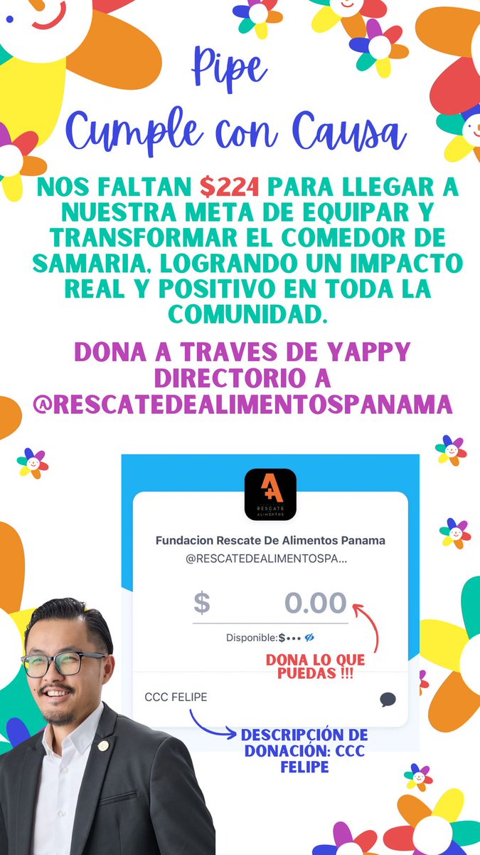 Seguimos? SI! Paramos? NO!
De la meta de $1,000, solo falta $224 para que el <a href="/cumpleconcausa/">cumpleconcausa</a>  de  <a href="/sirfelipechong/">Felipe PIPE Chong</a>  haga posible la restauración del Comedor de Samaria, permitiendo que residentes de la zona tengan un sitio digno de alimentación accesible 🍽️Dona sé parte del cambio