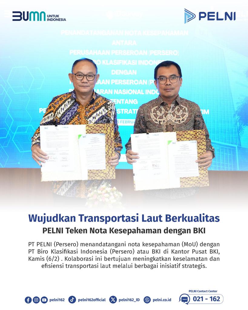 SmrTjsl's tweet photo. Hai Insan PELNI
PT PELNI dan PT BKI menjalin kerja sama strategis melalui penandatanganan nota kesepahaman  di Jakarta, Kamis (6/2). Penandatanganan oleh Direktur Armada dan Teknik PELNI dan Direktur Hubungan Kelembagaan BKI 
#KementerianBUMN
#PELNI162 
#PELNIJuaraPastiBisa https://t.co/IhHLBfRQ6Z