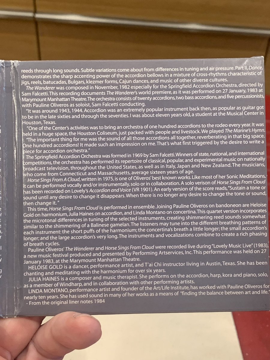 Thinking tonight of Linda Montano, the person who told me to go to art school.

From the liner notes of Pauline Oliveros' CD "The Wanderer". 

And in a Cosmic Coincidence, going to art school connected me with Pauline...