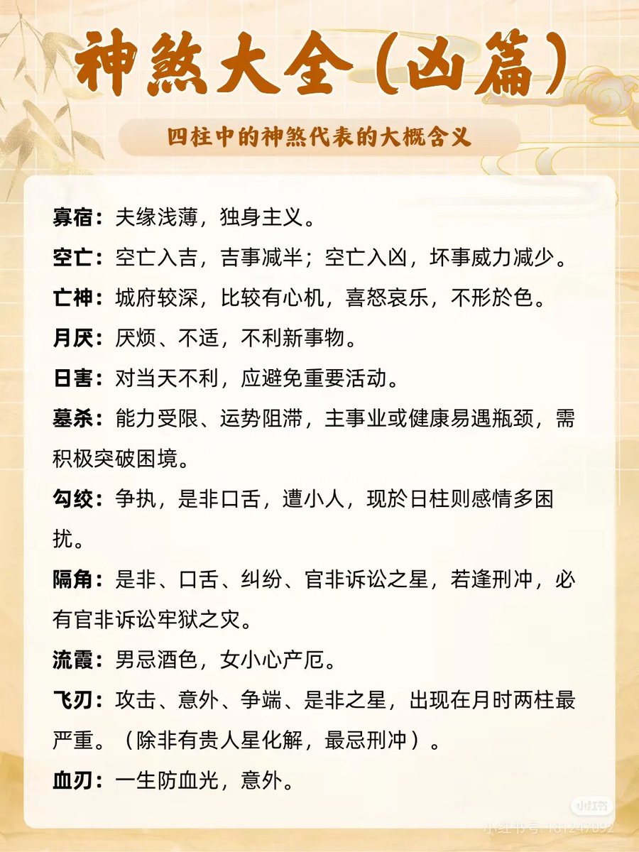 四柱神煞一言以蔽之（凶篇）  此文为了方便查找分为了吉篇和凶篇。某些神煞可能没有确切的吉凶所属，只是常规理解上的把他们进行分类，实际应用时还应根据其他神煞综合考虑其吉凶影响。  在八字算命中，人的富贵贫贱是由正五行的配合而决定的，而不是由神煞来决定的。不能因 ...