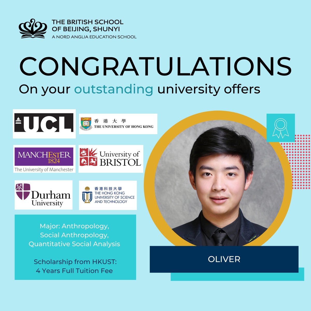 BSB_Shunyi's tweet image. Congratulations to Oliver who has received multiple offers including a scholarship from HKUST. "Mr. Bourne and Mr. Allen have always been patient with me, willing to spend their lunch and after school time to support my studies." Thanks!
#BSBShunyi #NAEAchiever #Class of 2025