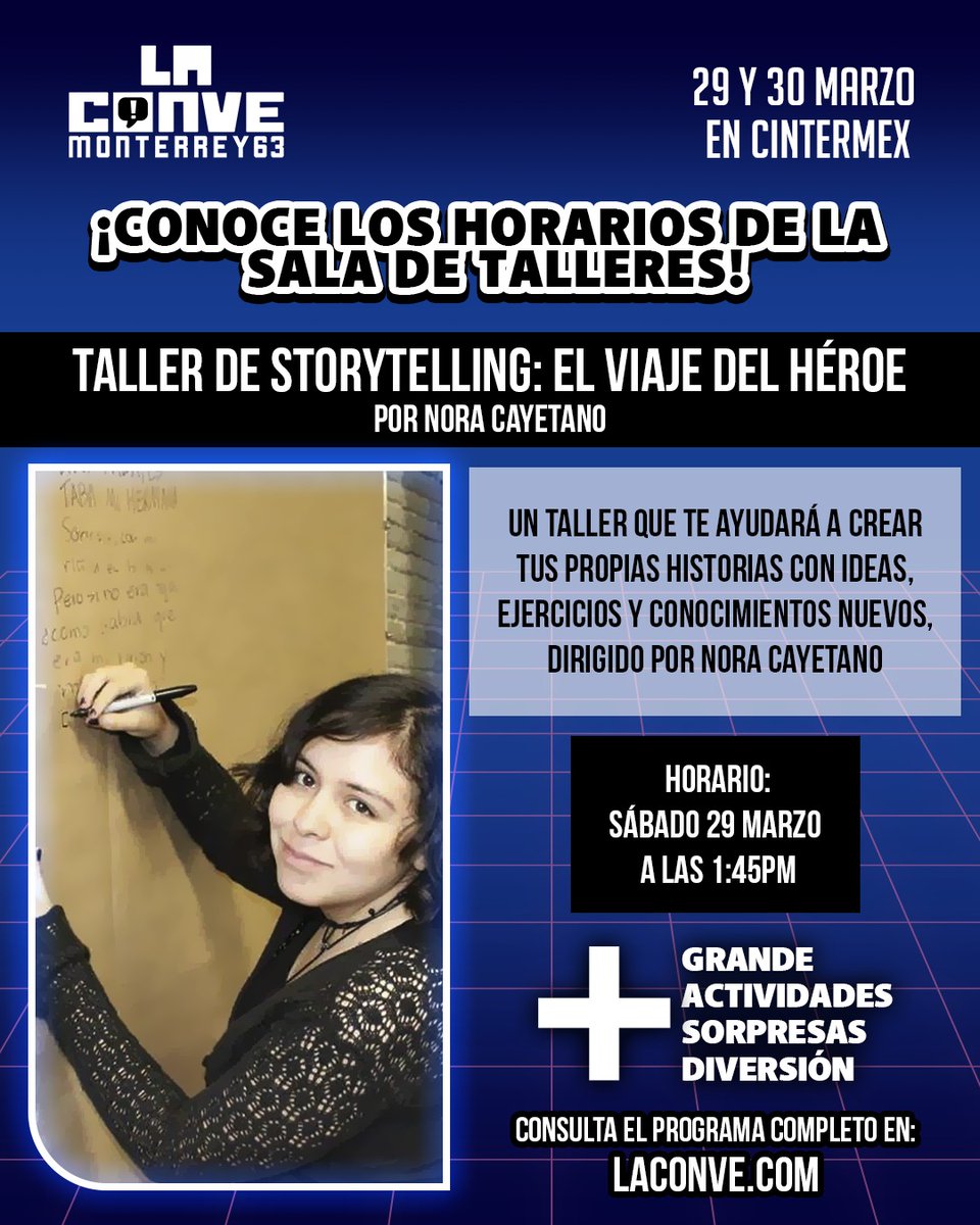 LaConveMTY's tweet photo. 📖✨ ¡Aprende a crear historias increíbles en el taller de Storytelling impartido @NoraCayetano!

📅 Fecha: 29 de marzo
⏰ Hora: 1:45 PM

Consulta el programa completo aquí 👉
https://t.co/bpFBkYezHD

#TodosSomosFans #LaConve #laconvemty #comics #anime #manga https://t.co/v4pqV0kE7Z