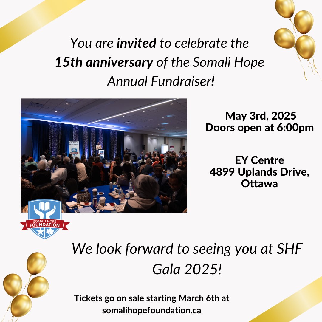 SAVE THE DATE! 

We are thrilled to announce the date of the Somali Hope Foundation Annual Fundraising Gala 2025!

Saturday May 3rd 2025
Doors open at 6:00pm

EY Center - 4899 Uplands Drive, Ottawa 

Stay tuned for more details!