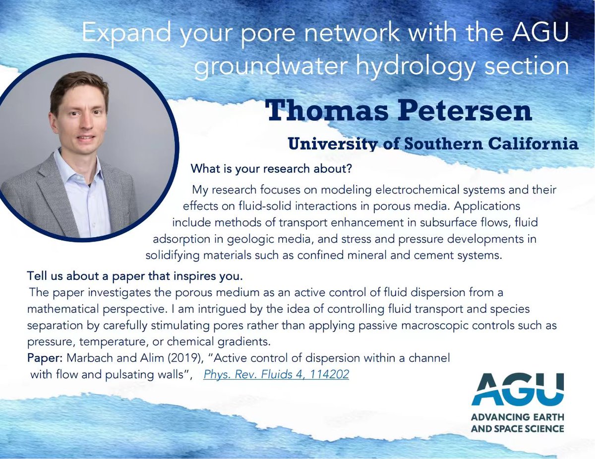 Meet Thomas Petersen from <a href="/USC/">USC</a>, pioneering research in electrochemical systems and fluid dynamics in porous media. From dissolution-precipitation kinetics to pressure developments, his work drives innovation in pore network and beyond. 
 #AGU #Hydrology #Groundwater #PorousMedia