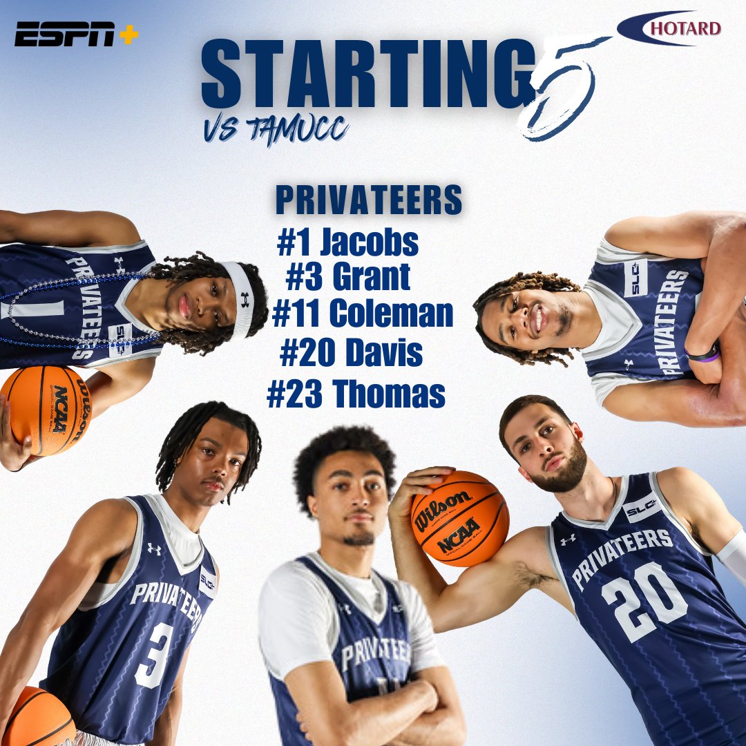 New Orleans Men’s Basketball (@privateershoops) on Twitter photo Tonight's 𝗦𝗧𝗔𝗥𝗧𝗜𝗡𝗚 𝗙𝗜𝗩𝗘 presented by <a href="/HotardCoaches/">Hotard Coaches</a>
- <a href="/Jrjacobs0/">Jr</a> 5.4ppg | 4.0apg
- <a href="/TheoGrant0/">Theo Grant</a> 6.5ppg | 1.8rpg
- <a href="/LelandColeman9/">Leland “Boogie” Coleman</a> 4.8ppg | 2.6rpg
- <a href="/LukeDavis43/">Luke Davis</a> 3.4ppg | 3.8rpg
- <a href="/therealmjthomas/">Therealmjthomas</a> 11.1ppg | 7.9rpg
Tipoff in 15 on ESPN+ and 106.1 FM.
#NOLAsTeam ⚔️ Tonight's 𝗦𝗧𝗔𝗥𝗧𝗜𝗡𝗚 𝗙𝗜𝗩𝗘 presented by <a href="/HotardCoaches/">Hotard Coaches</a>
- <a href="/Jrjacobs0/">Jr</a> 5.4ppg | 4.0apg
- <a href="/TheoGrant0/">Theo Grant</a> 6.5ppg | 1.8rpg
- <a href="/LelandColeman9/">Leland “Boogie” Coleman</a> 4.8ppg | 2.6rpg
- <a href="/LukeDavis43/">Luke Davis</a> 3.4ppg | 3.8rpg
- <a href="/therealmjthomas/">Therealmjthomas</a> 11.1ppg | 7.9rpg
Tipoff in 15 on ESPN+ and 106.1 FM.
#NOLAsTeam ⚔️