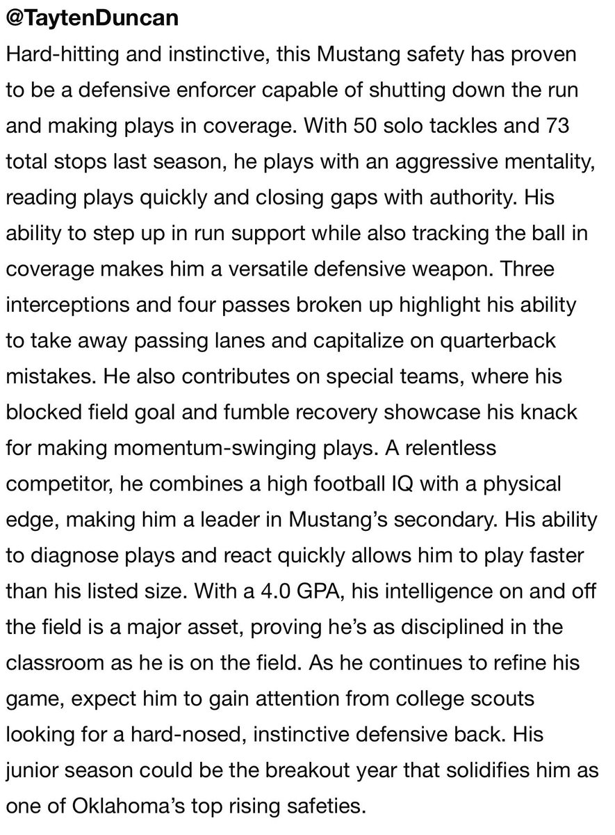 Tayten “TD” Duncan (@taytenduncan) on Twitter photo Thank you <a href="/sixstarfootball/">Six Star Football | PLUS+</a> for the write up! <a href="/RecruitMustang/">Mustang Football Recruiting</a> @TheCoachStrick <a href="/TheShaqMiller/">Coach Miller</a> <a href="/Waleed_Gaines/">waleed gaines 🏈</a> <a href="/CoachDeas/">Justin Deason</a> <a href="/CoachLeeBlank/">Lee Blankenship</a> <a href="/coachmac_/">Cody McDaniel</a> <a href="/Coach_PScottie/">P Scott</a> <a href="/coachkenedy/">Pat Kenedy</a> Thank you <a href="/sixstarfootball/">Six Star Football | PLUS+</a> for the write up! <a href="/RecruitMustang/">Mustang Football Recruiting</a> @TheCoachStrick <a href="/TheShaqMiller/">Coach Miller</a> <a href="/Waleed_Gaines/">waleed gaines 🏈</a> <a href="/CoachDeas/">Justin Deason</a> <a href="/CoachLeeBlank/">Lee Blankenship</a> <a href="/coachmac_/">Cody McDaniel</a> <a href="/Coach_PScottie/">P Scott</a> <a href="/coachkenedy/">Pat Kenedy</a>