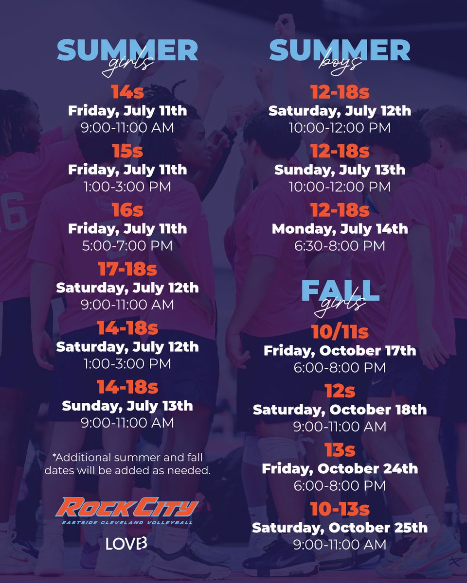 🗓️ SAVE THE DATES 🗓️

We know life gets busy! Our RCECV summer and fall tryouts for the 2025-2026 season are set! Stay tuned for more information to come.

*Additional dates will be added as needed.

#RCECV #BoysTryouts #GirlsTryouts #LOVBClubs