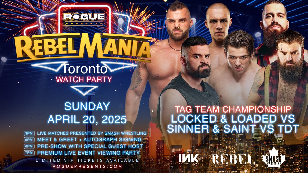 BC VS ONTARIO VS QUEBEC 💥 

The reigning Smash Wrestling Tag Team Champions Sinner &amp; Saint defend their titles against Locked &amp; Loaded and TDT!

April 20th at Rebel Nightclub ahead of Wrestlemania on the big screen!

Tickets avaliable at RoguePresents.com