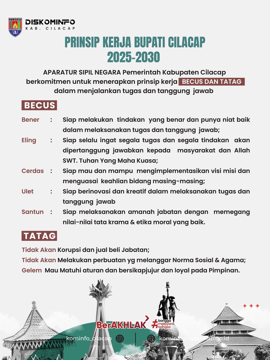 #wargabercahaya berikut kami sampaikan komitmen Bupati dan Wakil Bupati Cilacap untuk mewujudkan Kabupaten Cilacap yang semakin sejahtera dan MAJU BESAR, dengan prinsip kerja "BECUS &amp; TATAG".

Mari kita dukung dan sukseskan untuk #CilacapBercahayaMajuBesar